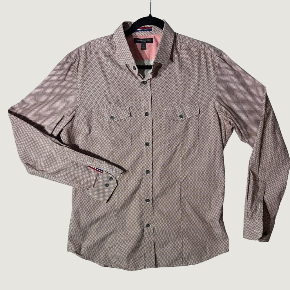 Banana Republic Button Down Shirt‎ Mens L Burgundy Gingham Slim Fit Stretch